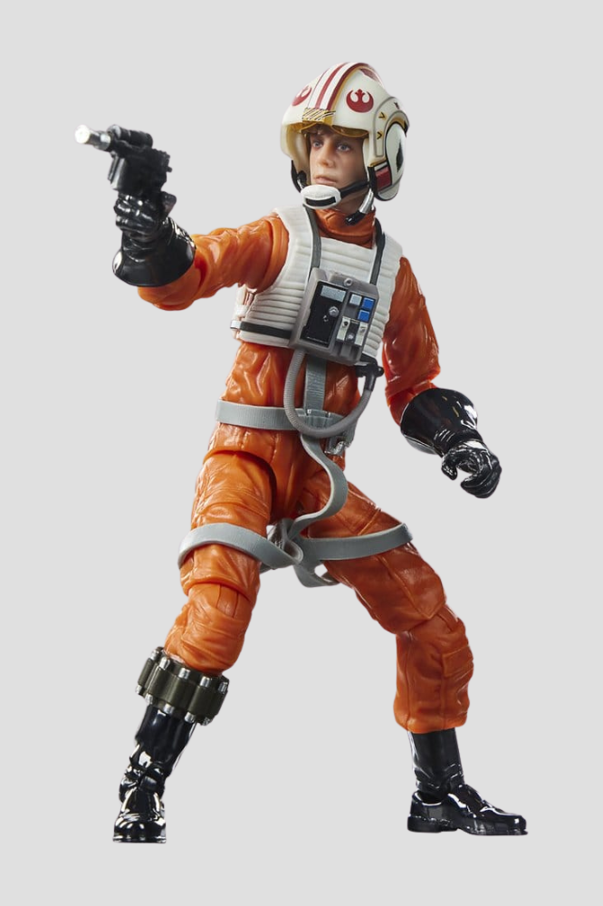 Figura articulada de Luke Skywalker X-Wing Pilot de Star Wars Episodio IV Una nueva esperanza, colección The Black Series de Hasbro de 15 cm, con traje naranja de piloto rebelde y casco X-Wing.