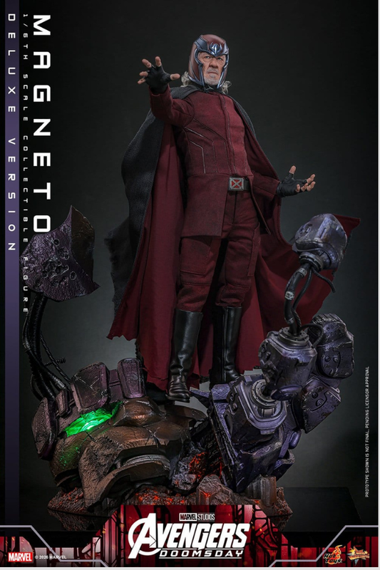 Figura Deluxe Hot Toys de Magneto de Avengers: Doomsday a escala 1/6 y aproximadamente 30 cm de altura.