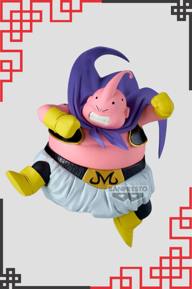 Figura de Majin Buu de Dragon Ball Z de la colección Good Match Makers de Banpresto, representado con su característico traje y capa morada en una dinámica pose de combate, con aproximadamente 20 cm de altura.