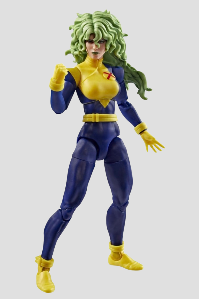 Figura articulada de Marvel's Polaris de X-Men '97, colección Marvel Legends de Hasbro, de 15 cm, con traje amarillo y azul, cabello verde y efectos de energía magnética.