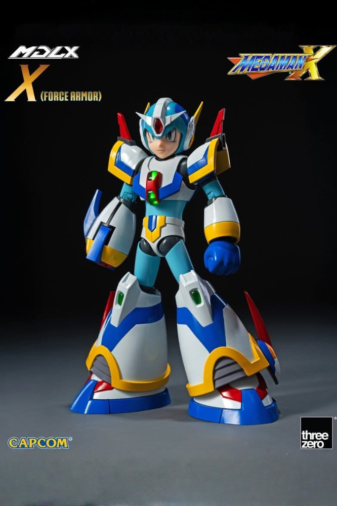 Figura Mega Man X Force Armor de la línea MDLX de Threezero de 12,3 cm, con armadura blanca y azul, detalles metálicos y X-Buster.