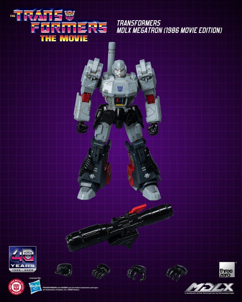 Vista de cuerpo completo de la figura MDLX Megatron (1986 Movie Edition) mostrando su diseño clásico y gran articulación.