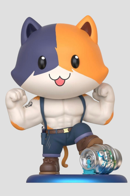 Minifigura Cosbi de Meowscles de Fortnite fabricada por Hot Toys, flexionando sus músculos junto a un barril de Slurp.