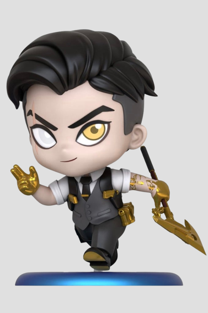 Minifigura Cosbi de Midas de Fortnite fabricada por Hot Toys, con detalles dorados, pico Rey Dorado y base de exposición.