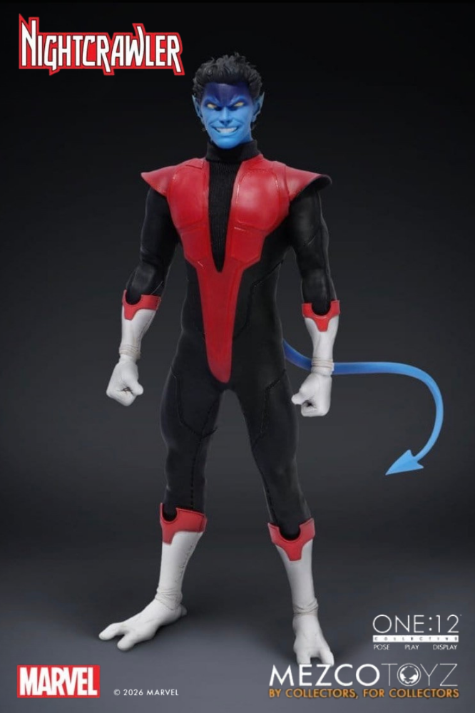 Figura Nightcrawler de X-Men 1/12 One:12 Collective de Mezco Toyz con traje de tela, accesorios y efecto de teletransportación.