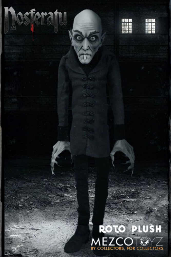 Peluche Nosferatu MDS Roto Plush de Mezco Toyz de 45,7 cm con cabeza de vinilo, abrigo gris y diseño inspirado en el clásico vampiro.
