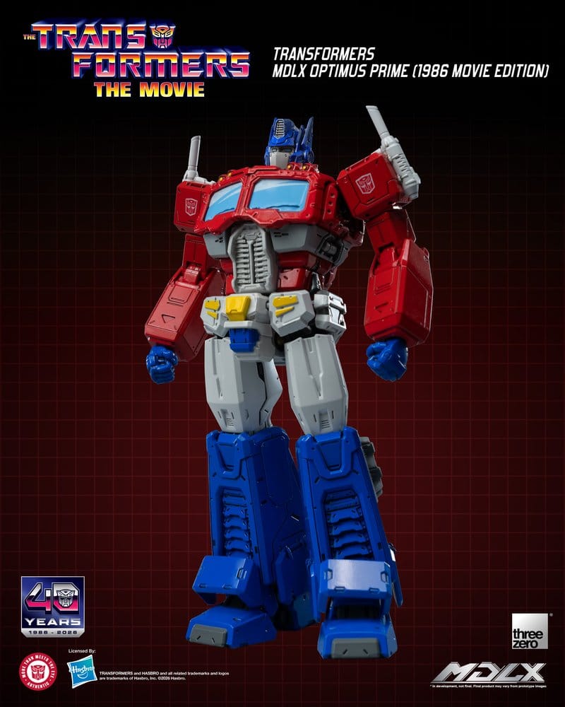 Figura oficial MDLX de Optimus Prime (1986 Movie Edition) de Threezero basada en Transformers: The Movie con acabados inspirados en la película de 1986.