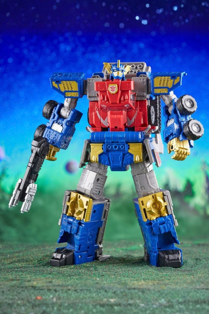 Figura transformable Optimus Prime Armada Universe de Transformers Generations Legacy Evolution Commander Class de Hasbro, con una altura aproximada de 19 cm.
