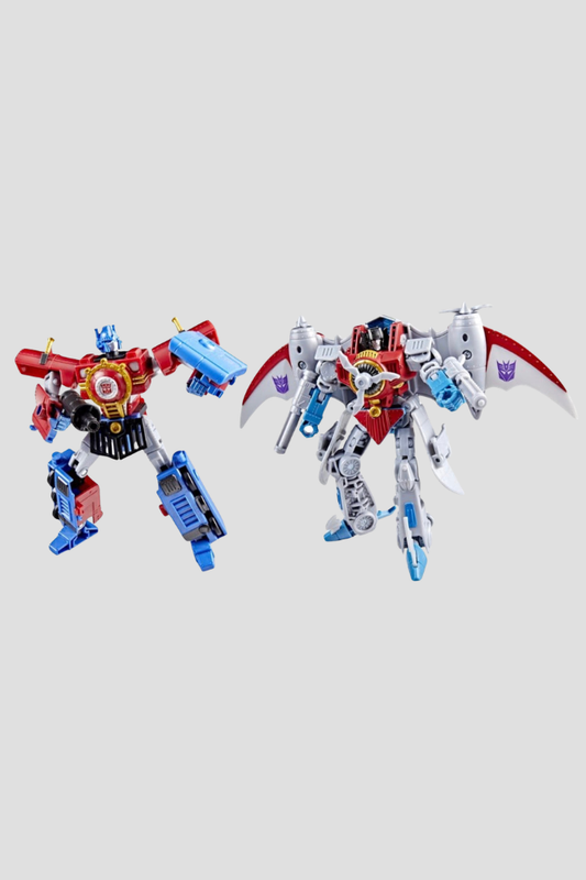 Pack de figuras Optimus Prime de 14 cm y Starscream de 12 cm Transformers Timelines Hearts of Steel Comic Edition de Hasbro, con diseños transformables inspirados en los cómics.