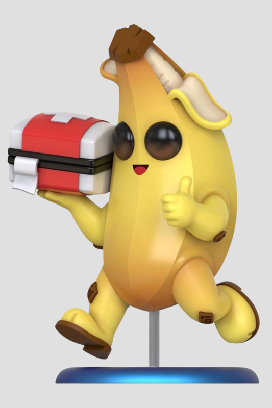 Minifigura Cosbi de Peely de Fortnite fabricada por Hot Toys, representado con un botiquín y base de exposición.