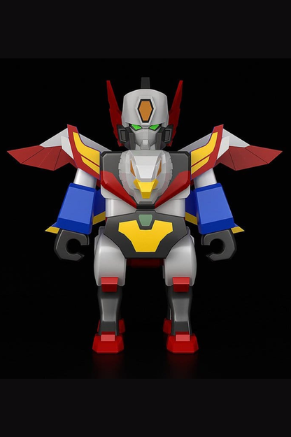 Figura Brickroid Pegasus Saber de The Brave Fighter of Legend Da-Garn de Good Smile Company, robot articulado de 5 cm con armadura blanca, roja y azul, detalles amarillos y diseño de bloques.