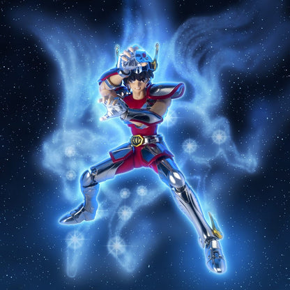 Figura Pegasus Seiya First Bronze Cloth Saint Cloth Myth EX recreando una pose de combate con su Cosmos.
