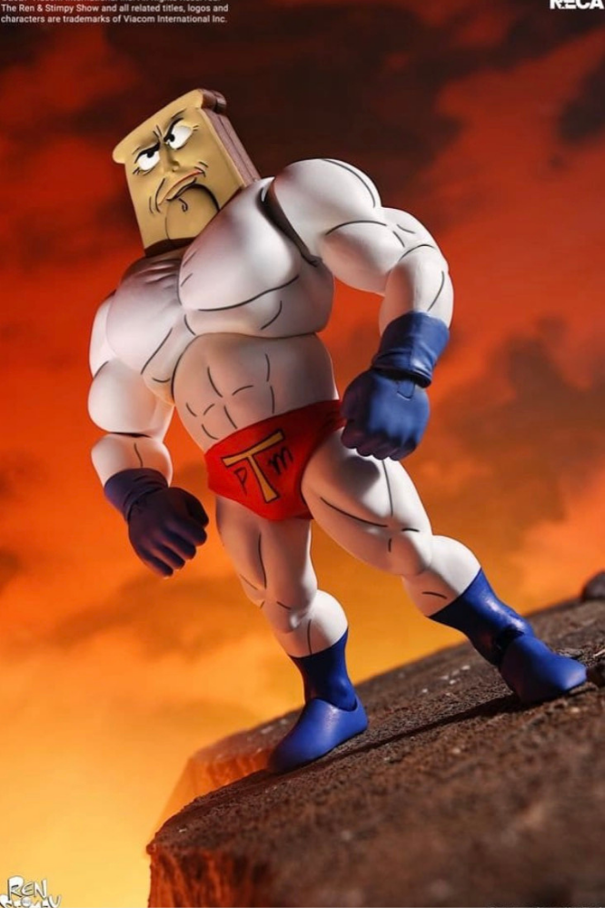 Figura Ultimate NECA de Powdered Toast Man de The Ren & Stimpy Show de aproximadamente 18 cm con cabezas, manos y accesorios intercambiables.