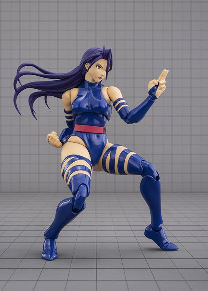 Figura Psylocke Gamerverse S.H.Figuarts recreando una pose de combate con efectos de energía psíquica.