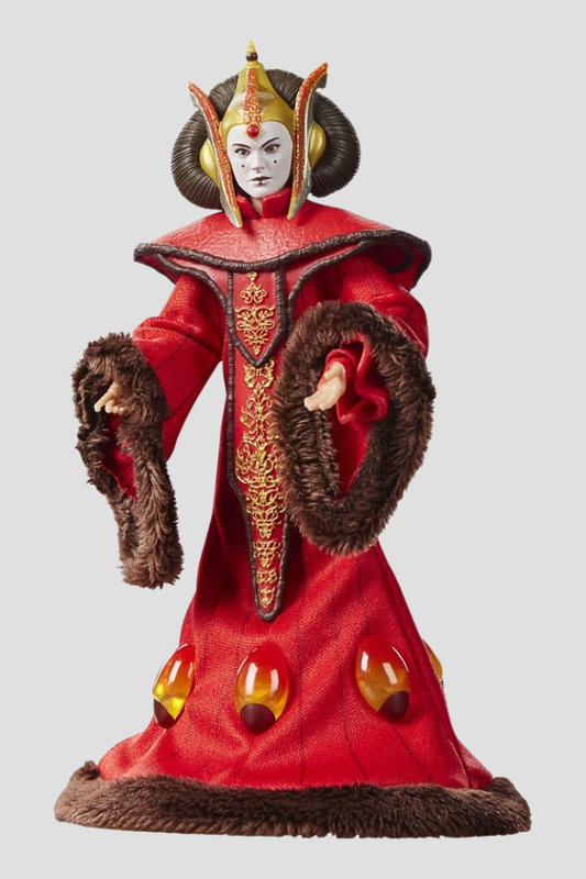 Figura Queen Amidala de Star Wars Episodio I The Black Series de Hasbro de 15 cm, con vestido ceremonial rojo, tocado ornamentado y maquillaje característico de la reina de Naboo.