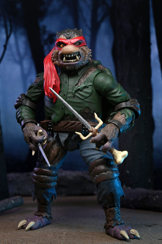Figura de Raphael caracterizado como Wolfman en el crossover Teenage Mutant Ninja Turtles y Universal Monsters, fabricada por NECA.