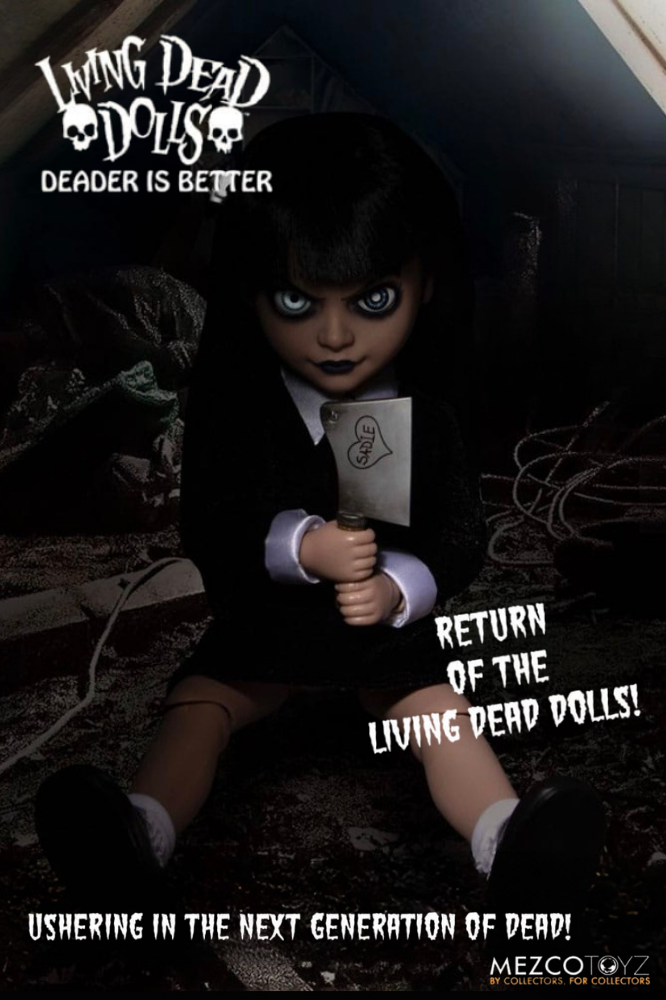 Muñeca Sadie Living Dead Dolls de Mezco Toyz de aproximadamente 25 cm con vestimenta de tela y accesorios.