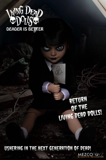 Muñeca Sadie Living Dead Dolls de Mezco Toyz de aproximadamente 25 cm con vestimenta de tela y accesorios.