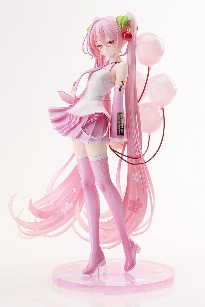 Figura Sakura Miku GSC Illustration Contest Ver. de Good Smile Company a escala 1/7 y 26 cm, con cabello rosa translúcido, atuendo primaveral y globos rosados.