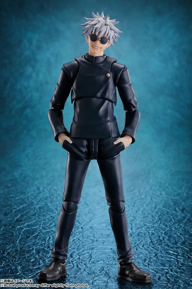 Figura S.H.Figuarts de Satoru Gojo Jujutsu High School de Jujutsu Kaisen, fabricada por Tamashii Nations con una altura aproximada de 16 cm e incluye accesorios y piezas intercambiables.
