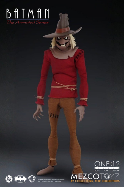 Figura de Scarecrow de Batman The Animated Series One:12 Collective de Mezco Toyz de aproximadamente 17 cm con guadaña, accesorios de toxina del miedo y cuervos.