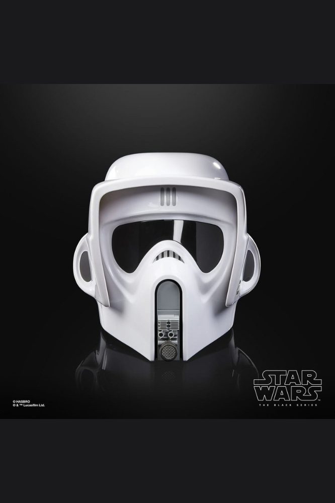 Casco electrónico Scout Trooper de Star Wars The Black Series de Hasbro a escala 1/1, con acabado blanco y negro y luces LED.