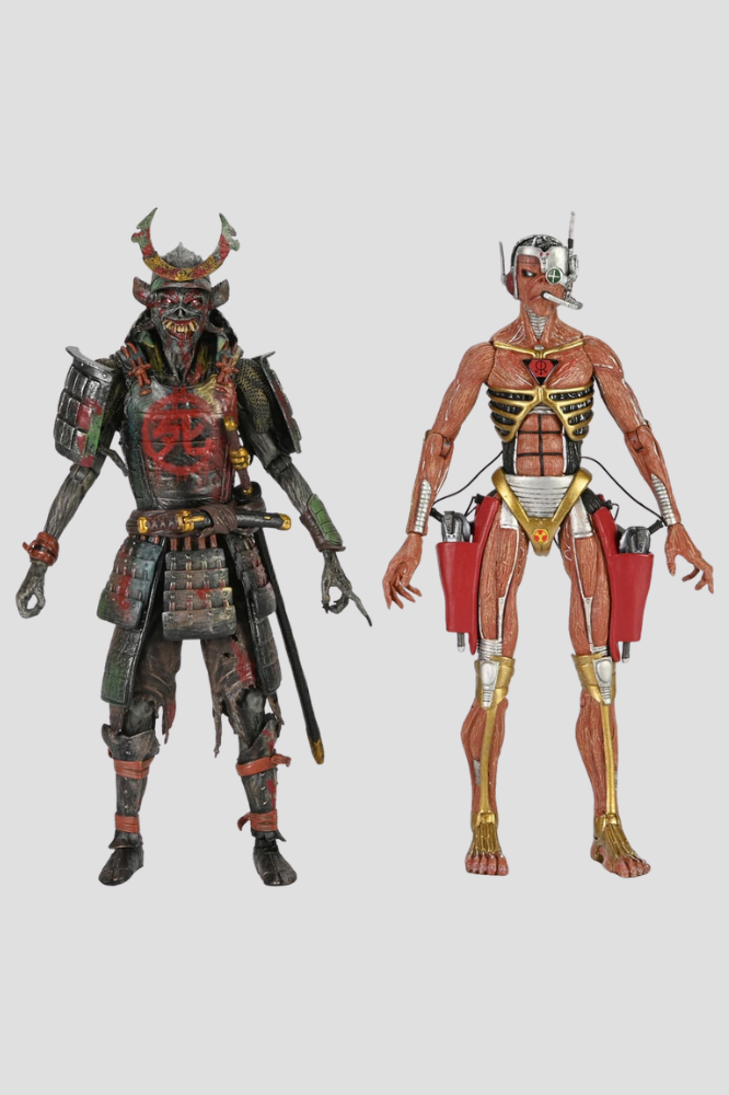 Pack de dos figuras NECA de Iron Maiden con Senjutsu Eddie y Somewhere in Time Eddie de la Future Past World Tour.
