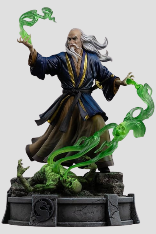 Estatua Shang Tsung de Mortal Kombat Art Scale 1/10 de Iron Studios, fabricada en resina y con aproximadamente 26 cm de altura.