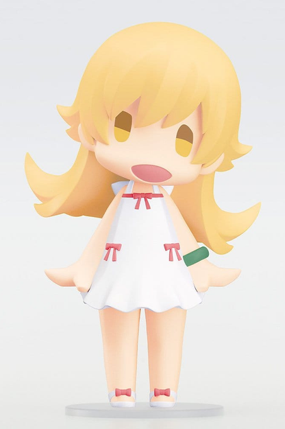 Figura Shinobu Oshino de Monogatari Series, línea HELLO! GOOD SMILE de Good Smile Company, versión chibi de 10 cm con cabello rubio, vestido blanco y cabeza articulada.