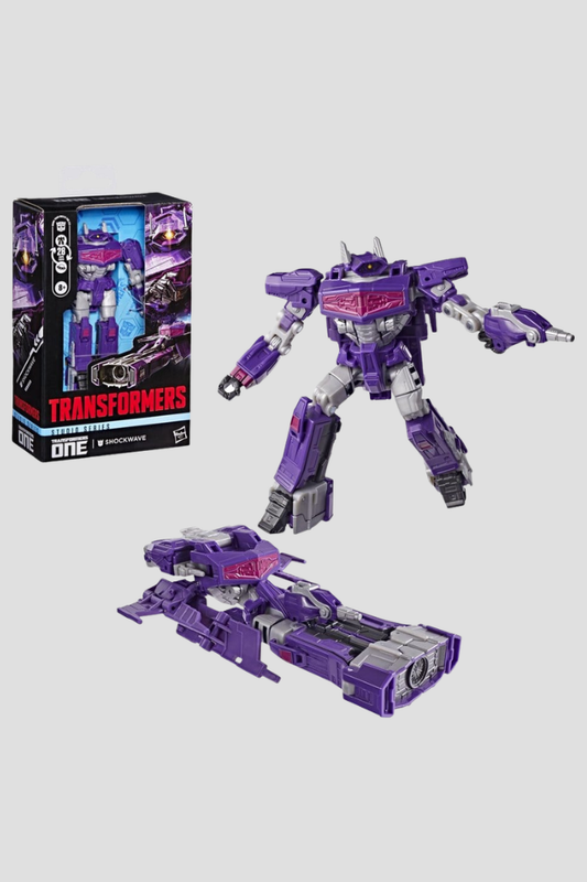 Figura Shockwave Transformers One Studio Series Deluxe Class de Hasbro de 13 cm, transformable de robot a aeronave cybertroniana en 28 pasos, con cañón desmontable.