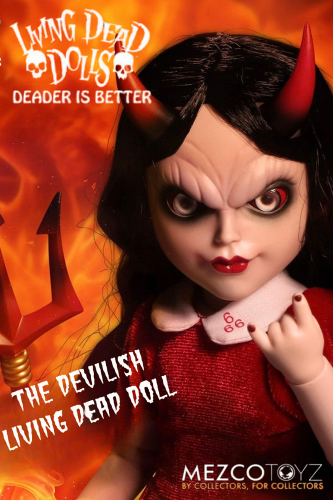 Muñeca Sin de Living Dead Dolls Deadfer Is Better de Mezco Toyz con vestido rojo, cuernos, accesorios y aproximadamente 25 cm de altura.