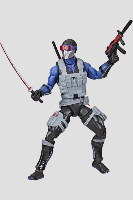 Figura articulada Snake Eyes G.I. Joe Classified Series número 165 de Hasbro, de 15 cm, con uniforme táctico azul y gris, espadas y accesorios de combate ninja.