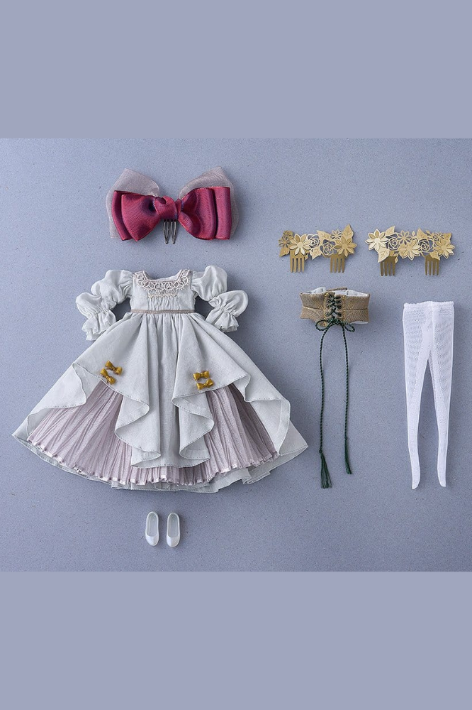 Conjunto de ropa y accesorios Snow White Harmonia Bloom de Good Smile Company, con vestido blanco, corsé, medias, lazo para el cabello, adornos dorados y botas para muñecas Harmonia.
