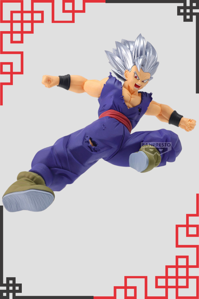Figura de Son Gohan Beast de Dragon Ball Super perteneciente a la colección Blood of Saiyans de Banpresto, con cabello plateado, traje morado y pose dinámica de combate, de aproximadamente 17 cm de altura.