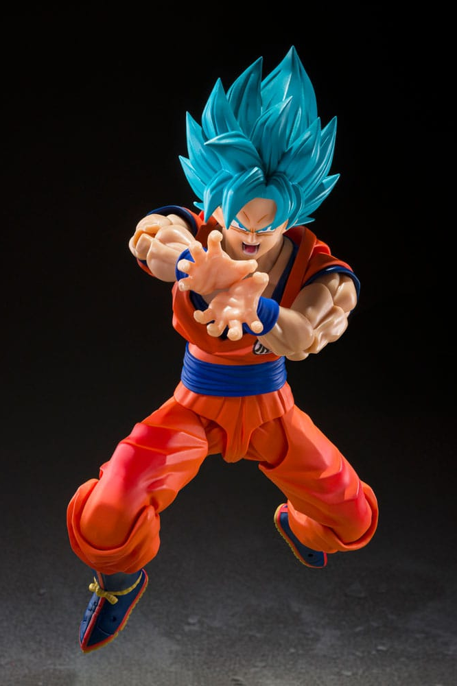 Figura articulada de Son Goku Super Saiyan Blue de Dragon Ball Super, línea S.H.Figuarts de Tamashii Nations, de aproximadamente 15 cm.