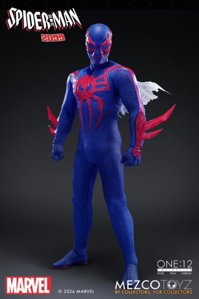 Figura Spider-Man 2099 One:12 Collective de Mezco Toyz a escala 1/12 y 17 cm con traje de Miguel O’Hara, capa de telaraña y accesorios.