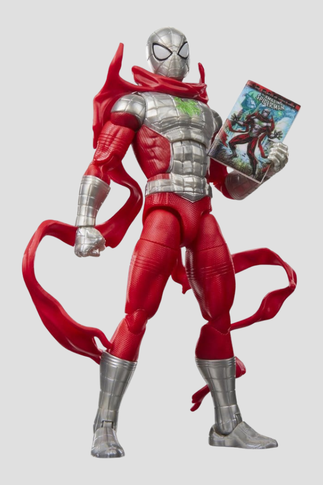 Figura articulada Spider-Man Doom Suit de Marvel Legends Hasbro de 15 cm, con traje rojo y plateado, efectos de magia y cómic en miniatura de The Amazing Spider-Man.
