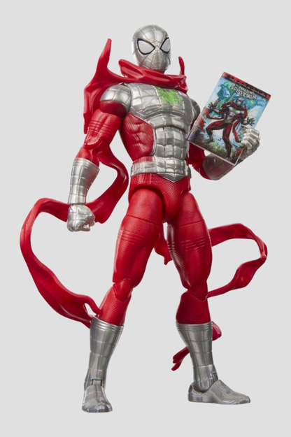 Figura articulada Spider-Man Doom Suit de Marvel Legends Hasbro de 15 cm, con traje rojo y plateado, efectos de magia y cómic en miniatura de The Amazing Spider-Man.