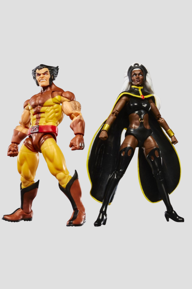 Pack de dos figuras articuladas Marvel Legends de Hasbro de Storm con traje negro y capa y Wolverine con traje amarillo y marrón, inspiradas en X-Men '97, de aproximadamente 15 cm.