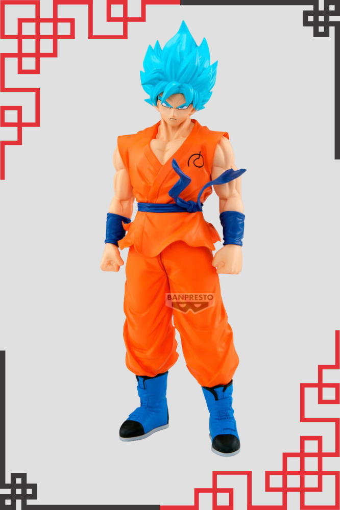 Figura oficial Grandista de Super Saiyan God Super Saiyan Son Goku de Dragon Ball Super fabricada por Banpresto, de aproximadamente 30 cm de altura con un gran nivel de detalle y acabados de alta calidad.