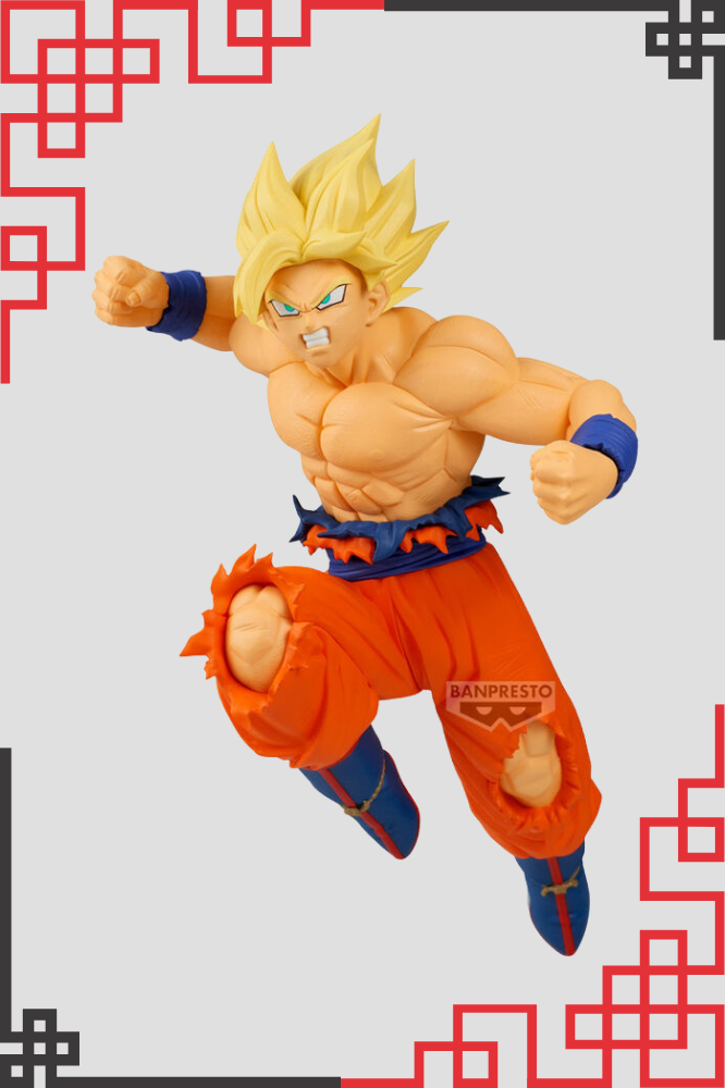 Figura oficial Match Makers de Super Saiyan Son Goku de Dragon Ball Z fabricada por Banpresto, de aproximadamente 13 cm de altura con una dinámica pose de combate.