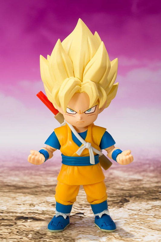 Figura S.H.Figuarts de Super Saiyan Son Goku (Mini) de Dragon Ball DAIMA, fabricada por Tamashii Nations con múltiples articulaciones, accesorios y una altura aproximada de 8 cm.