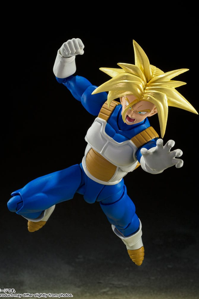 Figura S.H.Figuarts de Super Saiyan Trunks Infinite Latent Super Power Ver. de Dragon Ball Z, fabricada por Tamashii Nations con múltiples articulaciones, accesorios y una altura aproximada de 14 cm.