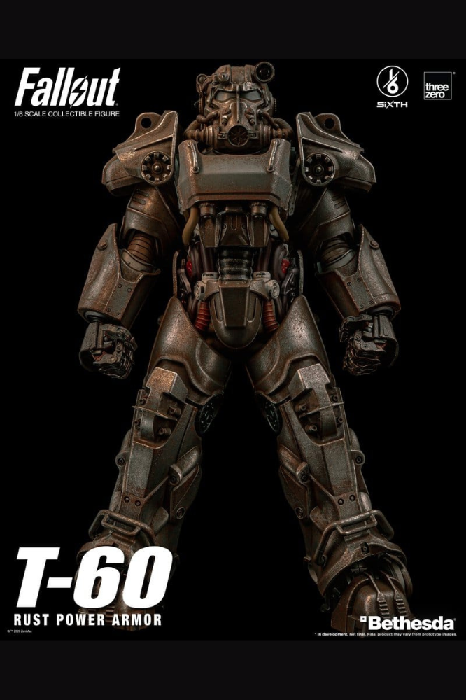 Figura T-60 Rust Power Armor de Fallout a escala 1/6 de Threezero con acabado de óxido y desgaste, armadura articulada y estética postapocalíptica.