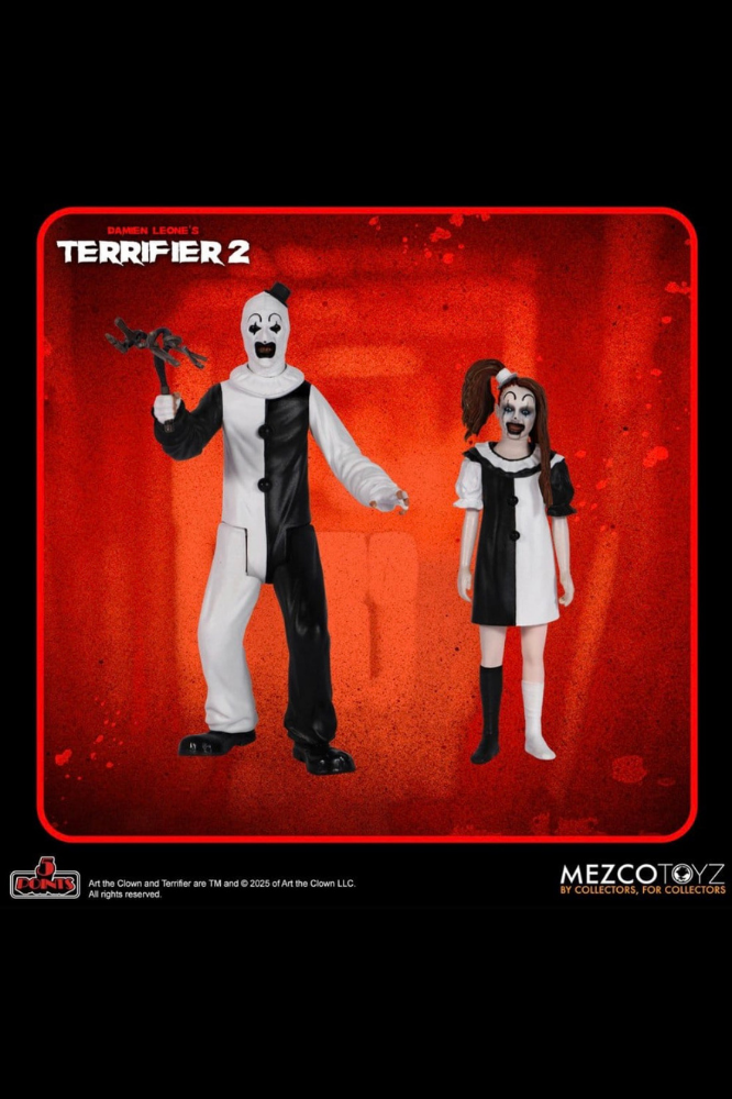 Figuras Terrifier 2 de la colección 5 Points de Mezco Toyz con Art the Clown y Little Pale Girl.