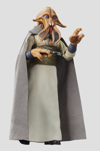 Figura Tessek de Star Wars Episodio VI The Black Series de Hasbro de 15 cm, con rostro alienígena de tentáculos, túnica clara y capa gris, basada en El retorno del Jedi.