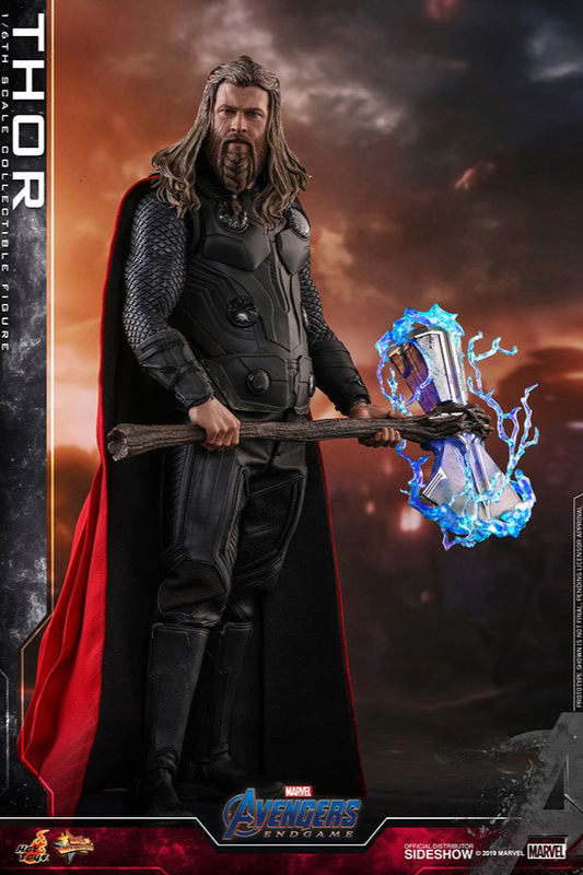 Figura Thor de Avengers Endgame a escala 1/6 de Hot Toys con Mjolnir, Stormbreaker y efectos de rayos.