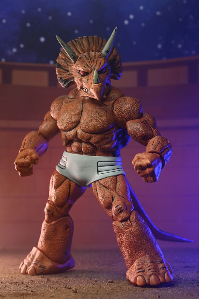 Figura Triceraton Gladiator de NECA de aproximadamente 21 cm inspirada en los cómics Mirage de Teenage Mutant Ninja Turtles.