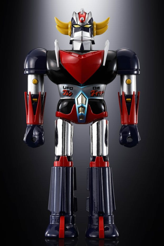Figura oficial Chogokin Deluxe de Grendizer junto al UFO Spazer, fabricada por Tamashii Nations con piezas metálicas, alta articulación y acabados premium.