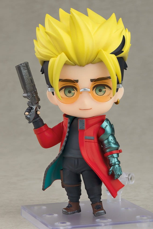 Figura Nendoroid de Vash the Stampede de TRIGUN STARGAZE, fabricada por Good Smile Company, de 10 cm, con cabello rubio, gafas anaranjadas, abrigo rojo, brazo mecánico y pistola.